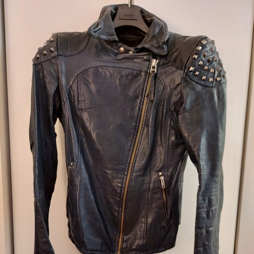 RARE Mackage Vintage XS Leather Motorcycle Jacket Navy